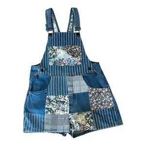 Vintage Patchwork Denim Short Overalls by Honors 90s Y2K Rare